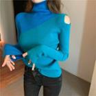 Long-sleeve Cold Shoulder Color Block Turtleneck Sweater Blue - One Size