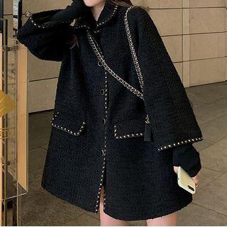 Embellished Trim Button Coat Black - One Size