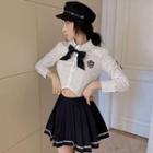 Logo Embroidered Bow Crop Shirt / Pleated Mini A-line Skirt / Set