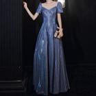 Short Sleeve Square Neck Mesh Panel Glittered Evening Gown