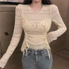Lace Long-sleeve Slim-fit Top Almond - One Size
