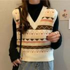 Patterned Sweater Vest / Long-sleeve Mock-neck Top
