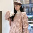 Cable-knit V-neck Sweater / Lace Blouse