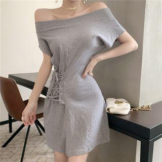 Short-sleeve Off Shoulder Lace-up A-line Mini Dress