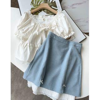 Ruffle Trim Bow Cropped Blouse / Mock Two-piece Mini A-line Skirt