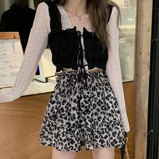 Long-sleeve Lace Top / Lace-up Camisole Top / Leopard Print A-line Skirt
