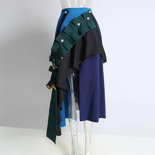 Color Panel Midi A-line Skirt Blue & Green - One Size