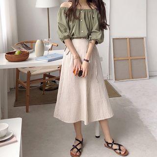 Plain Off Shoulder 3/4 Sleeve Blouse / Pleated Skirt