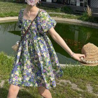 Puff-sleeve Floral Mini A-line Dress Blue - One Size