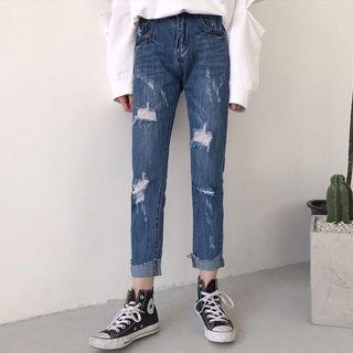 Cropped Distressed Straight-leg Jeans
