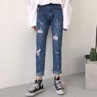 Cropped Distressed Straight-leg Jeans
