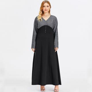 Long-sleeve Striped Panel Maxi A-line Dress