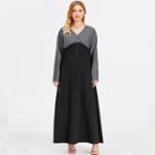 Long-sleeve Striped Panel Maxi A-line Dress