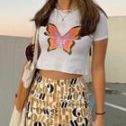 Butterfly Printed Round Neck Short Sleeve Cropped Top