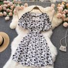 Round-neck Cutout Puff-sleeve Floral Dress