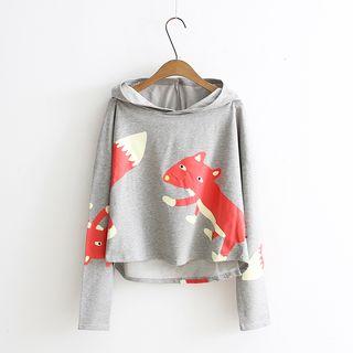 Fox Print Elbow-sleeve Hooded T-shirt