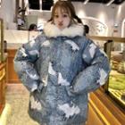 Furry Hood Printed Padded Jacket Blue - One Size