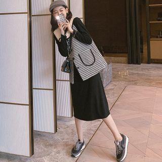 Long-sleeve Plain Knit Dress / V-neck Houndstooth Vest