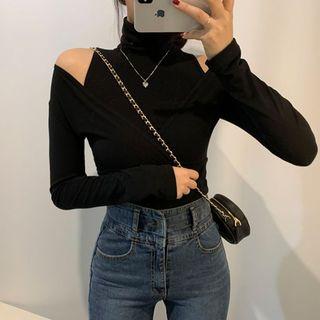 Turtleneck Cold-shoulder Long-sleeve Top Black - One Size