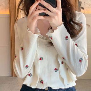 Set: Floral Embroidered Camisole + Frilled Cardigan
