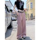 Short-sleeve Flower Print Cropped T-shirt / Mid-waist Loose-fit Pants