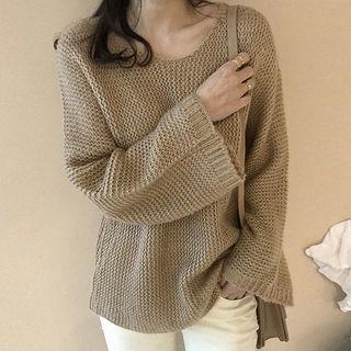 Wide-sleeve Waffle-knit Sweater