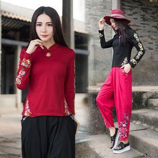 Long-sleeve Mandarin Collar Embroidery Top