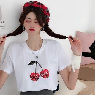 Short-sleeve Cherry Sequin T-shirt White - One Size