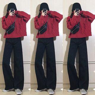 Set: High Neck Cable Knit Sweater + High Waist Wide-leg Pants