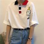 Short-sleeve Color Block Cartoon Print Polo Shirt White - One Size