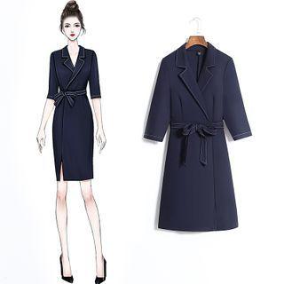 Short-sleeve / 3/4-sleeve Sashed Mini Shift Dress
