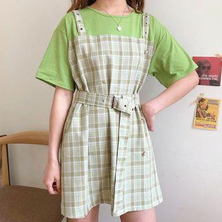 Mock Two-piece Elbow-sleeve Plaid Paneled A-line Mini Dress Green - One Size