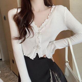 Lettuce Edge Ribbed Cardigan / Metal Fringe A-line Skirt