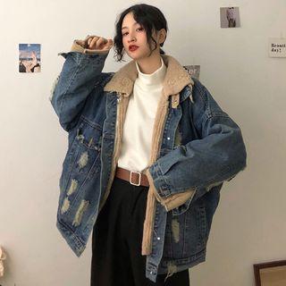 Faux Shearling Lining Ripped Denim Jacket
