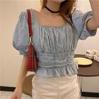 Ruched Puff-sleeve Cropped Denim Blouse