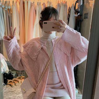 Collared Cable-knit Long Cardigan