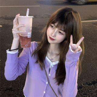 Mock Two-piece Long-sleeve Button-up Top Purple - One Size