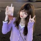 Mock Two-piece Long-sleeve Button-up Top Purple - One Size