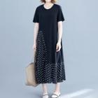 Short-sleeve Polka Dot Paneled A-line Midi Dress Black - One Size