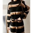 Long-sleeve Striped Sweater Dress Black & Coffee - One Size