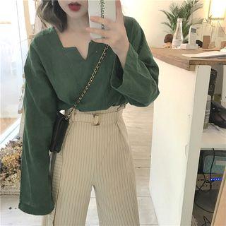 Plain Linen Irregular V-neck Blouse + High-waist Striped Wide-leg Pants