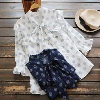 3/4-sleeve Tie-neck Ruffled Shirt