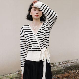V-neck Striped Wrap Knit Top Striped - Almond & Black - One Size