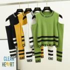 Lettering Striped Cold-shoulder Knit Top