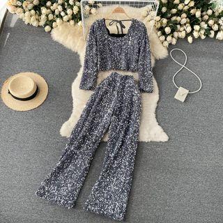 Set: Sequined Blouse + Wide-leg Pants