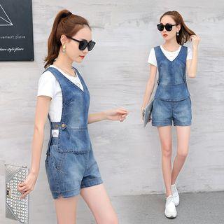 Set: Short-sleeve T-shirt + V-neck Denim Vest + Denim Shorts