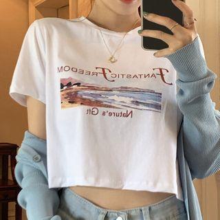Plain Cardigan / Lettering Short-sleeve T-shirt