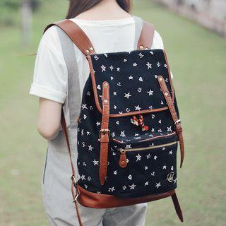 Contrast-trim Print Canvas Backpack