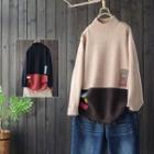 Mock Neck Two Tone Applique Sweater Beige - One Size