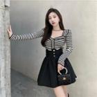 Striped Sweater / High Waist Mini A-line Skirt / Set